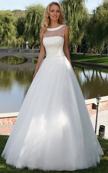 Scoop-neck Sleeveless Tulle A-line Ball Gown With Corset Back