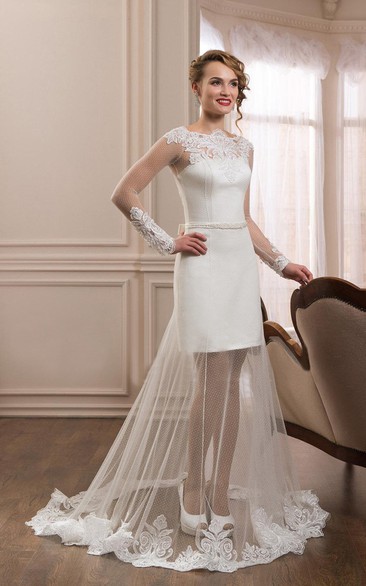 Bateau Long Sleeve Illusion Wedding Dress With Appliqued detachable skirt