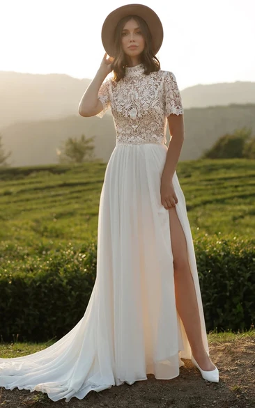 Casual High-neck Short-sleeve Wedding Dress with Lace Top