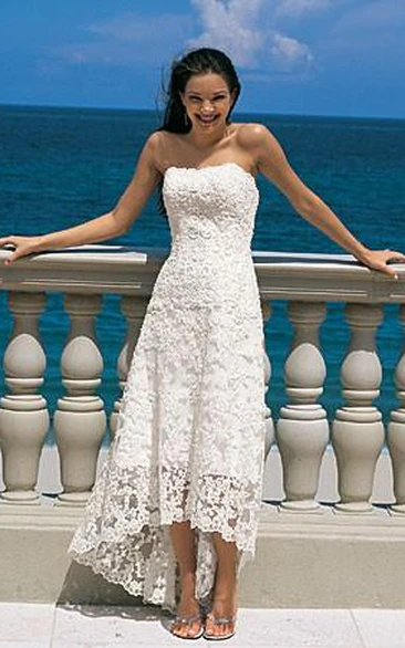 Casual Beach Strapless High-Low Sheer Lace Simple Wedding Dress