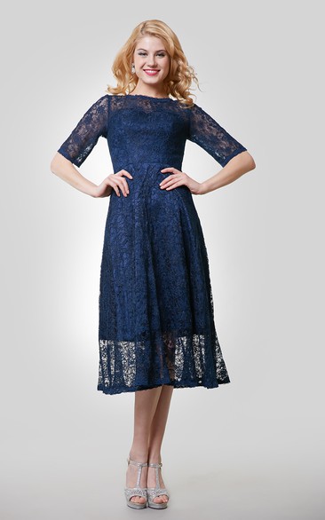 Tea-Length Jewel Neck Lace Half-Sleeve Gown