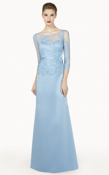 Scoop-neck Illusion Long Sleeve Sheath Dress With Lace top