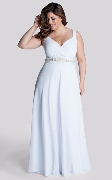 casual Strapped Chiffon Dress With Ruching And Jeweled Waist