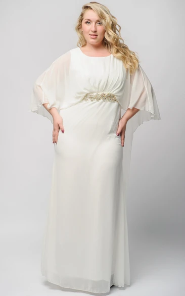 Half-Sleeve Zipper Floor-Length High-Waist Crystal Gown
