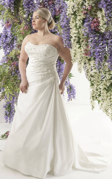 Strapless side-draped A-line plus size wedding dress With Sweep Train