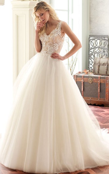 Plunged Sleeveless Ball Gown With floral Applique And Illusion back