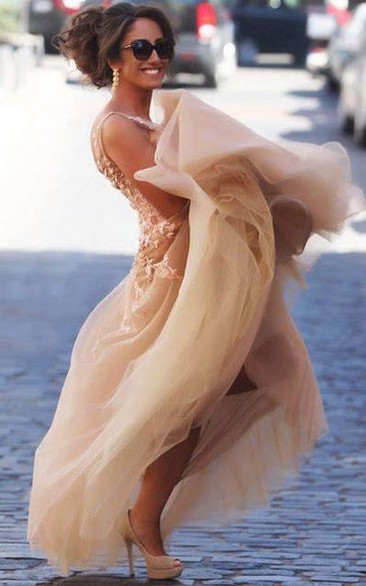 Floor-Length Lace A-Line Sleeveless Chiffon Dress