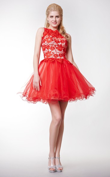 Jewel-Neck Sleeveless short A-line Ruffled Dress With Appliques