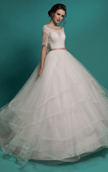Scoop-Neckline Layers Tulle Lace Appliques Ball-Gown Princess Illusion Dress