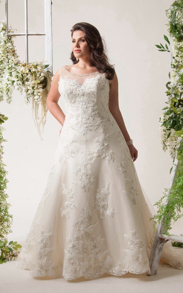 Scoop-neck Sleeveless A-line plus size wedding dress With Appliques And Illusion