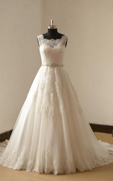 Lace Beaded Satin Sash Train A-Line Long Gown