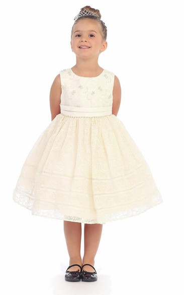 Tiered Ribbon Pleated Tea-Length Lace Flower Girl Dress