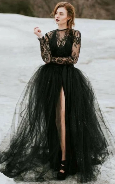 Gothic Black A-Line Jewel Neck Long Sleeve Tulle Wedding Dress with Tied Back and Front Slit