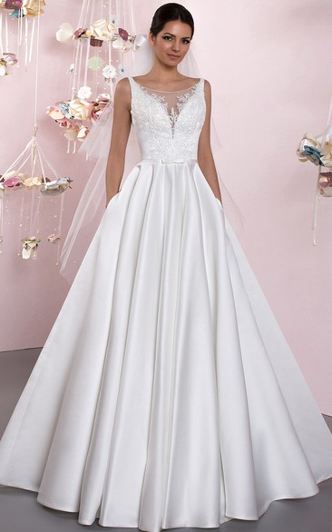Ball Gown Bateau Sleeveless Floor-length Satin Wedding Dress with Deep-V Back and Pleats
