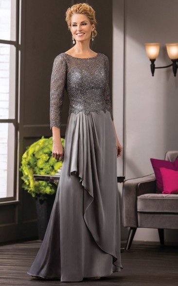 Scoop-neck 3-4-sleeve Lace Mother of the Bride Dress With Draping