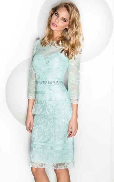 Bateau 3-4-sleeve Pencil midi Dress With Tiers And Lace