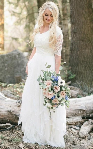 V-neck Chiffon Lace Illusion Half Sleeve Wedding Dress