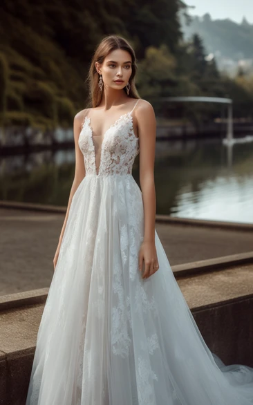 Outdoor Spaghetti Straps Empire Ruching Tulle Wedding dress with Appliques