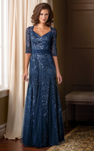 Half Sleeve Illusion Tulle Floor-length Dress With Sequins