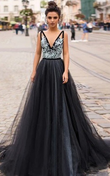 Modern A Line Floor-length Sleeveless Tulle Prom Dress with Appliques