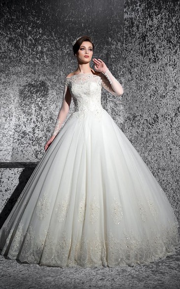 Ball Gown Floor-Length Off-The-Shoulder Long-Sleeve Illusion Lace Dress With Appliques And Beading