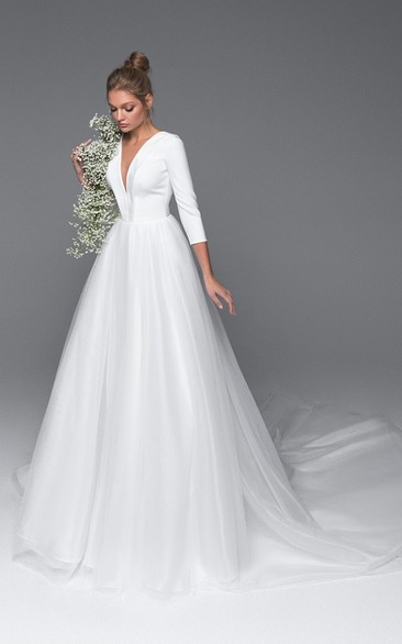 A Line Modern Satin and Tulle V-neck Bridal Gown with Ruching