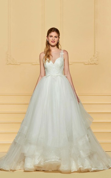 Adorable Cute Sleeveless Lace Ballgown Wedding Dress With Ruflles And Illusion Button Back