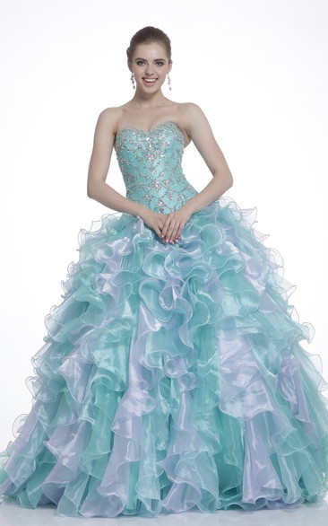 Multi-Color Ruffled Crystal Sweetheart Strapless Lace-Up-Back Organza Ball Gown