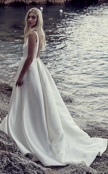 A-line Ballgown Satin Wedding Dress With Plunging V-neck And Open Back