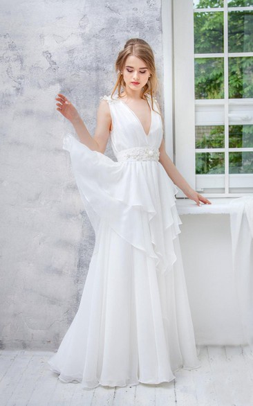 Plunged Sleeveless A-line Chiffon Dress With Tiers And bow