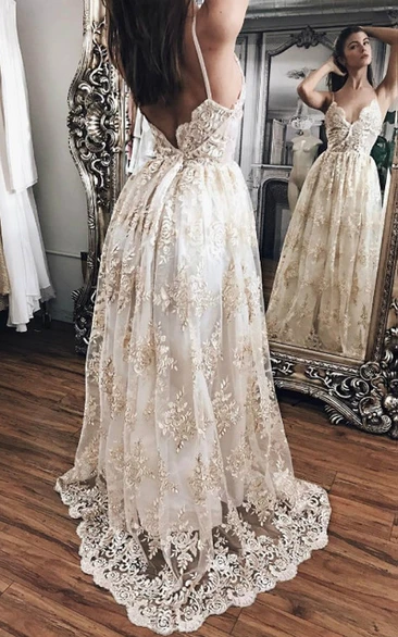 Spaghetti Sexy Deep-v Back Pleated Lace Applique Empire Wedding Prom Dress