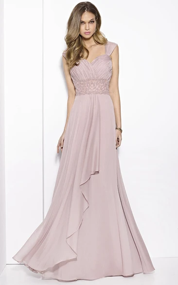 A-line Queen Anne Sleeveless Floor-length Chiffon Evening Dress with Draping and Waist Jewellery