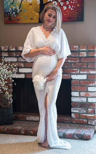 Beach V-neck 3/4 Length Sleeve Lace Pleated Maternity Wedding Dress