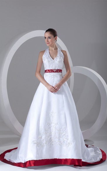 Sleeveless Satin Halter Stunning Bridal A-Line Dress