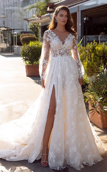 Elegant A Line Ball Gown V-neck Lace Chapel Train Wedding Dress with Split Front