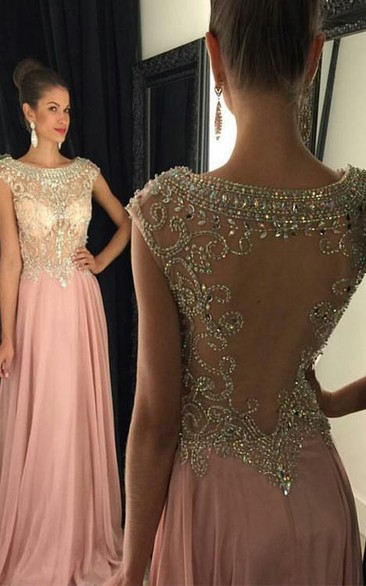 Scoop-neck Cap-sleeve Beaded Jersey Prom Dress With Illusion back