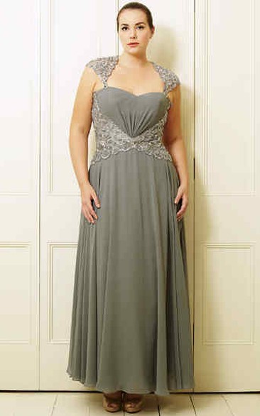 Queen Anne Ankle-length Chiffon plus size Dress With Beading And Illusion