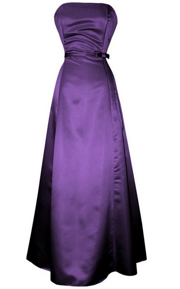 Long Sash Satin Ruched Sleeveless Strapless Floor-Length Dress