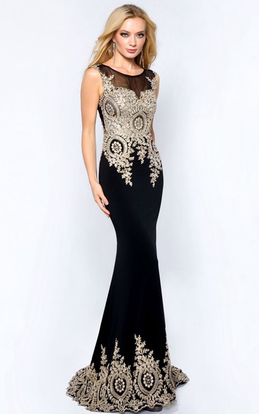 Sheath Jersey Scoop-neck Prom Dress With Beading And Sweep Train