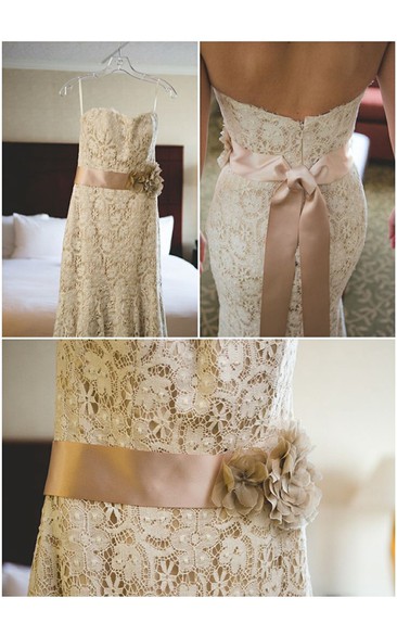 Lace Floral Satin Sash Backless Sweetheart-Neck Spaghetti-Strap Gown