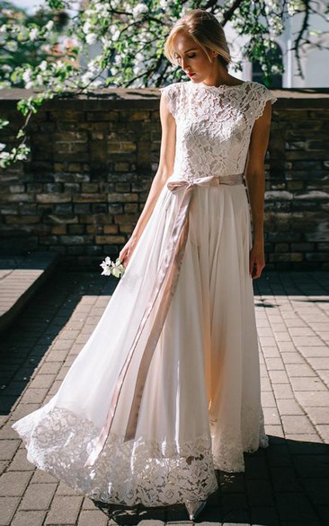 Modest A Line Short Sleeve Floor-length Bateau Chiffon and Lace Wedding Dress with Ribbon