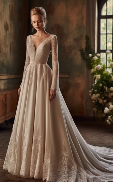 Elegant Long Sleeves Plunging Neck Satin Fabric Lace top Wedding Dress with Appliques and Ribbon