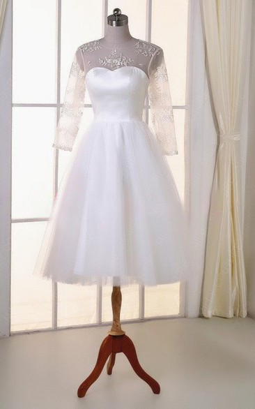 Scoop-neck Illusion 3-4-sleeve A-line Tulle Wedding Dress With Appliques