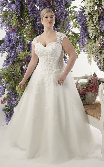 Cap-sleeve A-line Appliqued plus size wedding dress With Illusion And Sweep Train