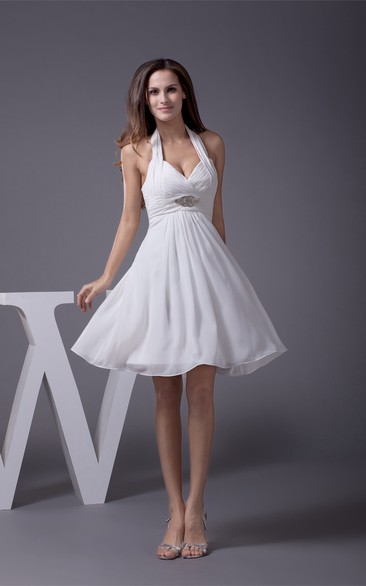 A-Line Ruched Rhinestones Sleeveless Short-Midi Gown
