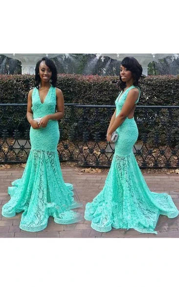Plunged Sleeveless fishtail Floor-length Prom Dress With Sweep Train