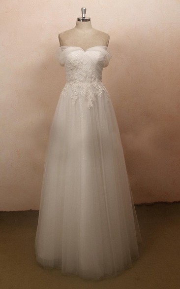 Lace Rhinestone Wedding Tulle Cap-Sleeve Satin Gown