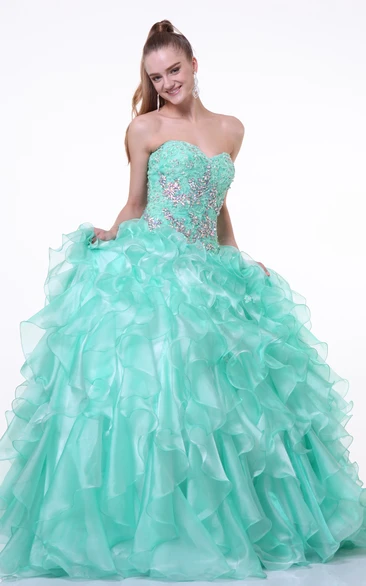 Long Ruffled Jeweled Sweetheart Strapless Organza Sleeveless Lace-Up Ball Gown