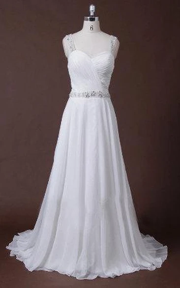Chiffon Pleated Beaded Strapped A-Line Dress
