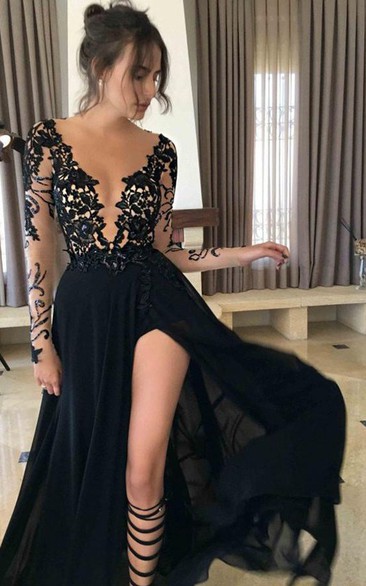 Plunging Neckline Chiffon Lace Long Sleeve A Line Formal Dress